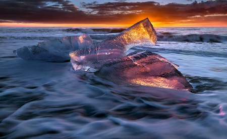 Frozen at sunset - frozen, water, sunset, sea