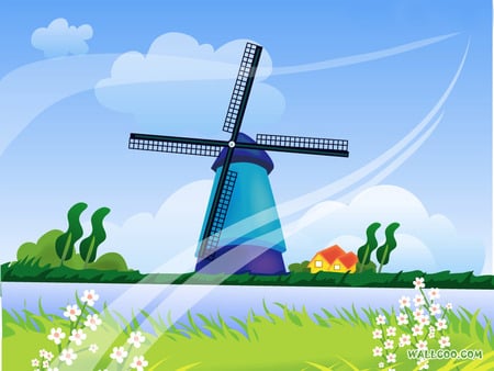 Windmill 'n flowers - flowers, house, lane, spring, grass, windmill