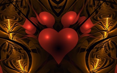 Heart Reflections - reflections, fractal, abstract, red, heart, wallpaper, gold