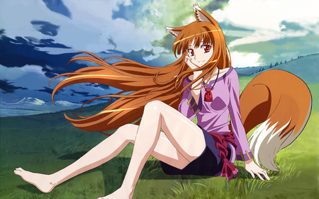 Holo - wind, holo, smile, anime, spice and wolf, grass