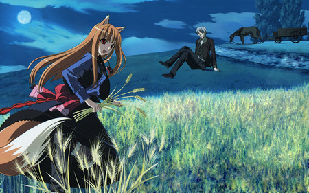 Holo and Lawrence - wheat field, lawrence, spice and wolf, anime, holo