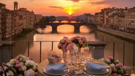 A romantic terrace - olde bridge, wedding bride, italy, splendor, romantic terrace, florence, sunset, special evening