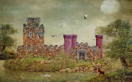 Fantasy - moon, deer, fantasy, poster, painting, art, pink, castle, green