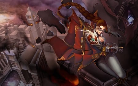 Vayne - red, fantasy, glasses, game, eric-c, league of legends, girl, woman