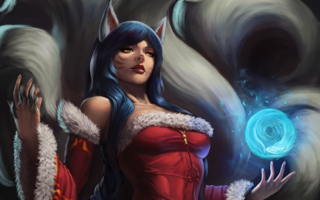 Ahri - blue, ball, fox, girl, magical, white, Ahri, red, woman, zamberz, nine tails