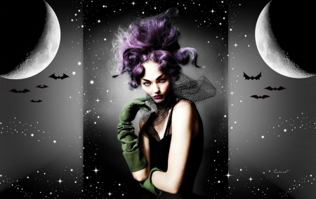 Witch - woman, make-up, black, model, halloween, purple, green, bat, moon, stars, bats, girl, fashion, night, gloves, witch, sasha pivovarova, pink, by cehenot