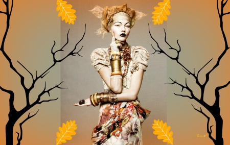 Autumn - hat, Sasha Pivovarova, branch, yellow, by cehenot, collage, girl, jewel, tree, black, autumn, at, woman, model