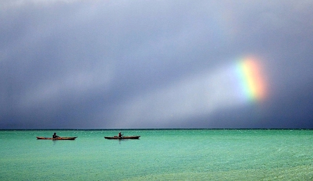 Rainbow - water, boats, sea, clouds