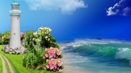 ~*~ Lighthouse ~*~ - nature, beache, ocean, lighthouse, landscape, hd wallpaper, flowers