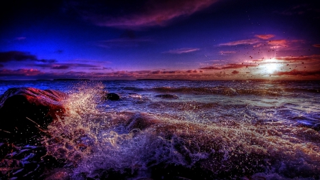 Waves - nature, ocean, night, sunset, weaves