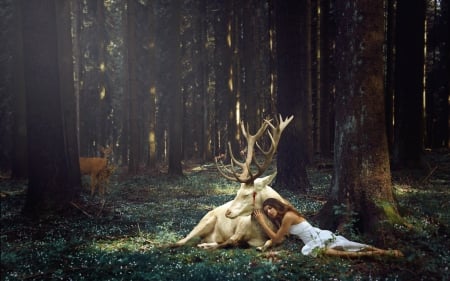 pain in the woods - fantasy, deer, forest, wallpaper, woods