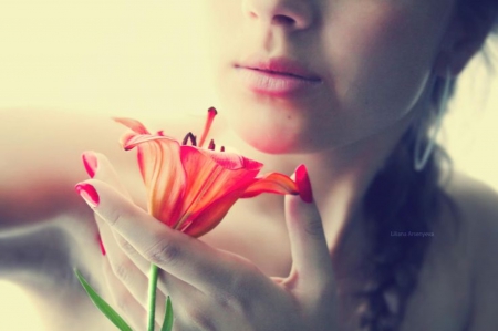 Aroma - red lily, woman, aroma, hand, care, flower