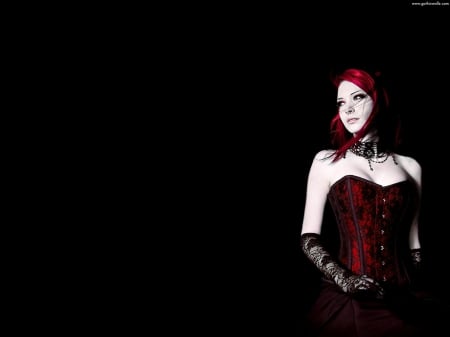 Gothic girl - Red, Black, Jewelry, Gothic, Dark, Make-up, White skin, Long hair, Piercing, Gloves