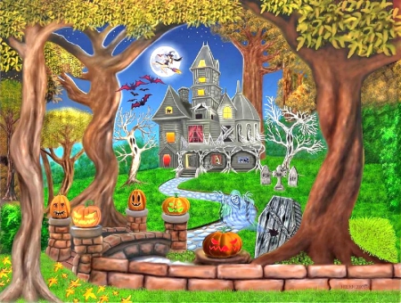 Halloween Haunted Mansion - moon, trees, pumpkins, mansion, RIP, haunted, witch, bats, halloween, ghosts