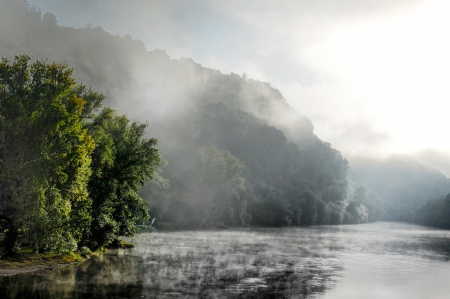 Misty Lake - nature, lake, trees, mountains, misty