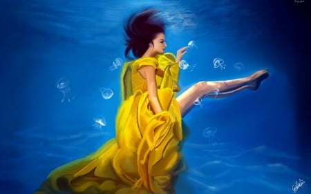 Jellyfishes - yellow, blue, dress, girl, yannomi, fantasy, underwater, woman, swim