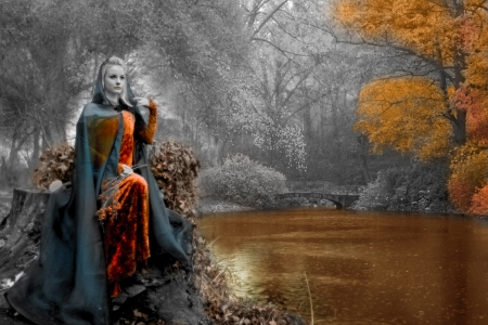 The lady of autumn - forest, blondie, mizzle, long dress, season, lake, lady, river, orange, fog, trees, mist, woman, autumn