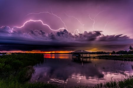 Lightening Over Lake Charlotte - sky, purple, lake charlotte, clouds, sebring, florida, lightning