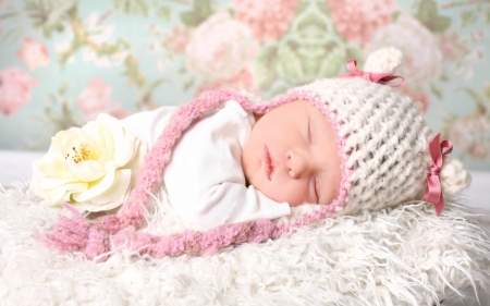 Sleeping baby - white, sleep, baby, hat, pink, child, cute, flower