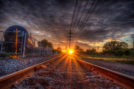 Sunshine - rays, sunshine, sky, sun, sunset, train, nature, clouds, splendor, sunrise