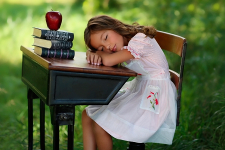 Back to school - girl, books, sleeping, apple