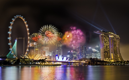 Colorful Singapore at Night - city, Singapore, water, fireworks