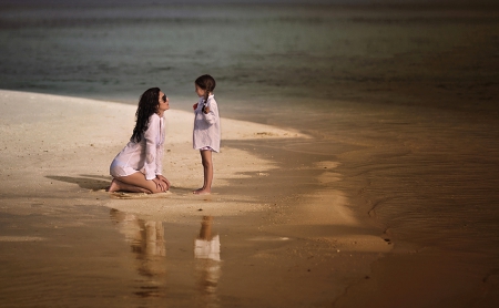 No swimming today !! - beautiful, sea, woman, little girl