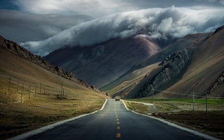 Mountain Road - clouds, roads, mountains, nature