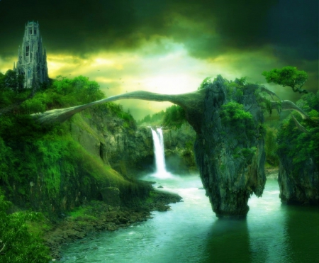 El puente - trees, forest, river, castle, green, waterfalls