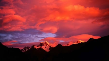 Sunset over Snowy Mountain - nature, clouds, sunsets, orange, mountains