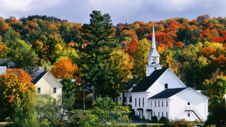 New England Church in Autumn - new england, nature, autumn, forests, churches, architecture