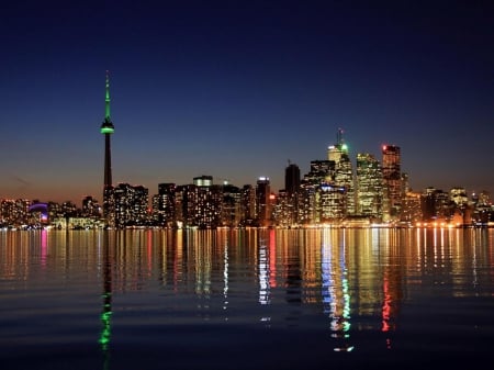 Toronto Night Cityscape - reflections, toronto, canada, architecture, buildings