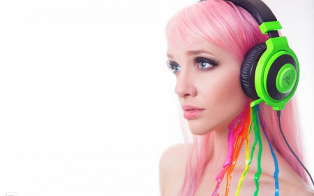 Girl - white, pink, model, headphones, girl, woman, green