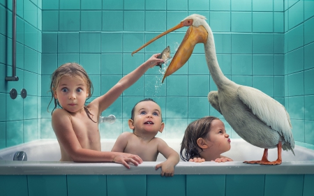 Situation - bird, blue, girl, children, creative, boy, fantasy, funny, situation, fish, chil