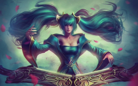 Sona - Sona, tails, game, league of legends, blue, girl, fantasy, instrument, woman, art