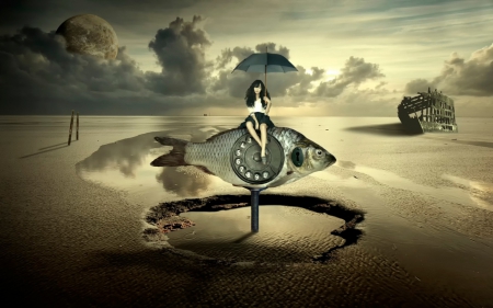 Surrealism - girl, water, fantasy, creative, art, umbrella, situation, clock, fish, surrealism, sand