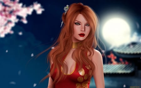 charming fantasy girl - sky, star, redhead, girl, moonnight, charming