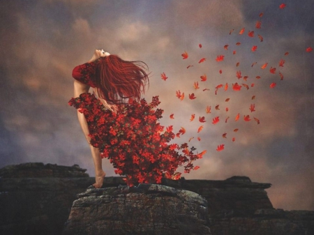 Lady Autumn - red hair, lady, autumn, rock, leaves