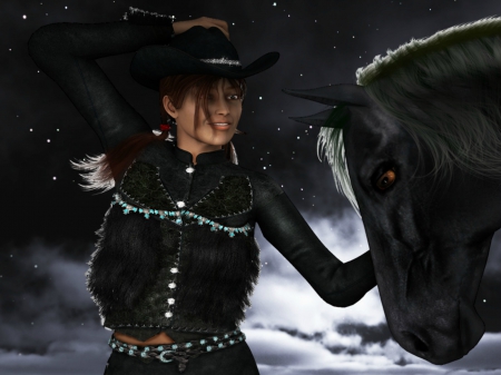 Cowgirl and Horse - horse, cowgirl, clouds, hat, stars