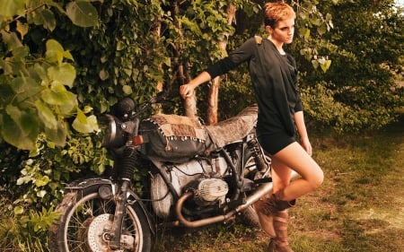 Cowgirl And Her Steel Horse - women, famous, girls, models, female, bikes, boots, cowgirls, outdoors, emma watson, motorcycles