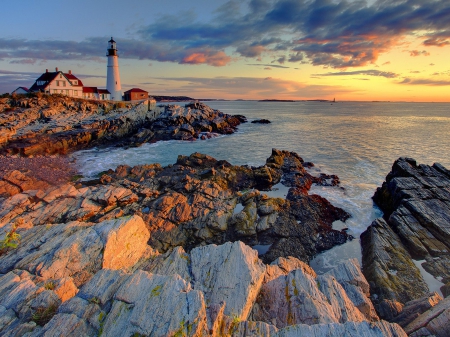 Sunset Lighthouse - lighthouse, ocean, sunset, coastline