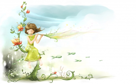 Girl Playing the Flute/Flower - flowers, girl, fish, flute