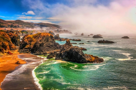 Rocky Beach, California - beach, hills, clouds, coastline, beautiful, sand, sea, rocks