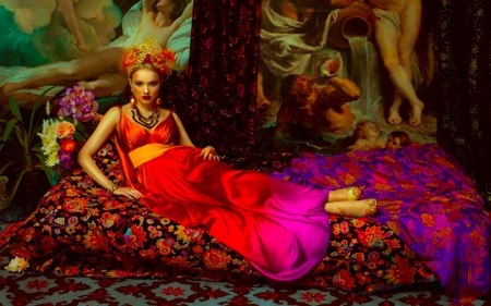 Woman on Sofa - woman, sofa, classy, photography, colorful, elegant, couch, fantasy, model, art, girl, fashion, gown, bright, beautiful, pink, red, dress