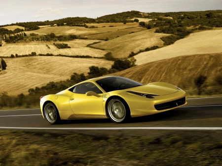 ferrari 458 italia - italia, field, yellow, ferrari