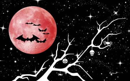 Happy Halloween! - red, black, halloween, stars, by cehenot, night, pumpkin, skull, spider, blood moon, bat, branch