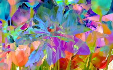 Flowers - poster, blue, red, green, painting, orange, flower, art