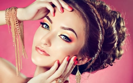 Beauty - make-up, pink, beauty, model, jewel, girl, woman