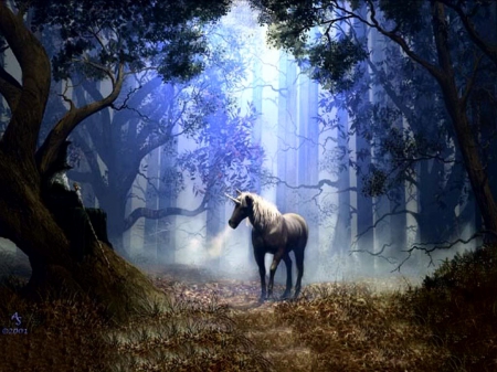 fantasy horse - tree, forest, horse, unicorn