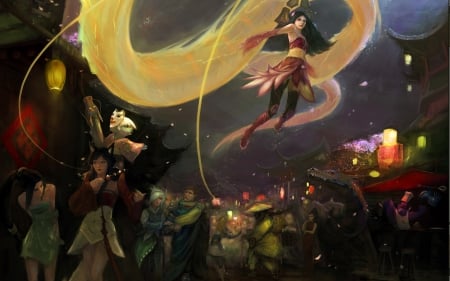 Chinese Town - chinese town, girl, night, fantasy, art, yellow, dark, game, league of legends